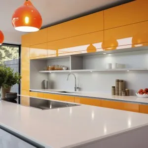 Modern kitchen with orange cabinets long island