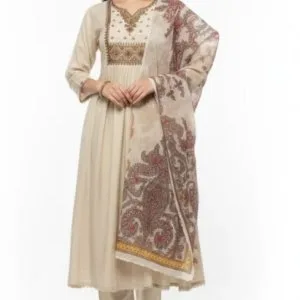 Beige printed dupatta kurta set minimal chic indian outfit at