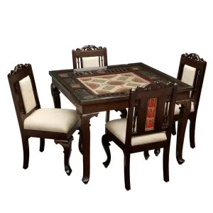 Elegant teak wood 4 seater dining set with walnut finish