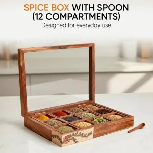 Handcrafted wooden spice box with 12 slots spoon