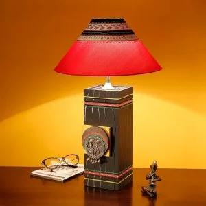 Handcrafted wooden table lamp with warli art design