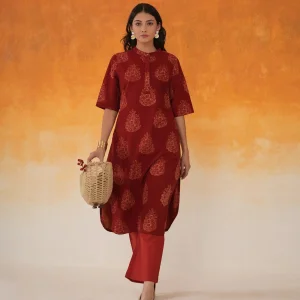 Red cotton kurta set for women elegant ethnic wear by world of