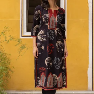 Ajrakh black abstract print kurta with patchwork