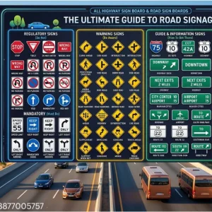 Highvisibility road sign boards traffic signals and highways