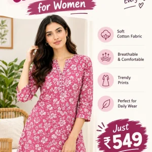 Pink pure cotton printed casual kurti for women