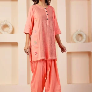 The vishnu store coral peach pintuck muslin farshi salwar